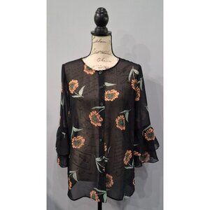 EUC Cabi La Di Da Black Sheer Floral Ruffle-Sleeve Button-Up Blouse/XS